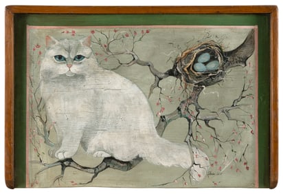 DENISE CALLA (America, Contemporary), White cat and a bird's nest., Oil on breadboard, 18" x 26".