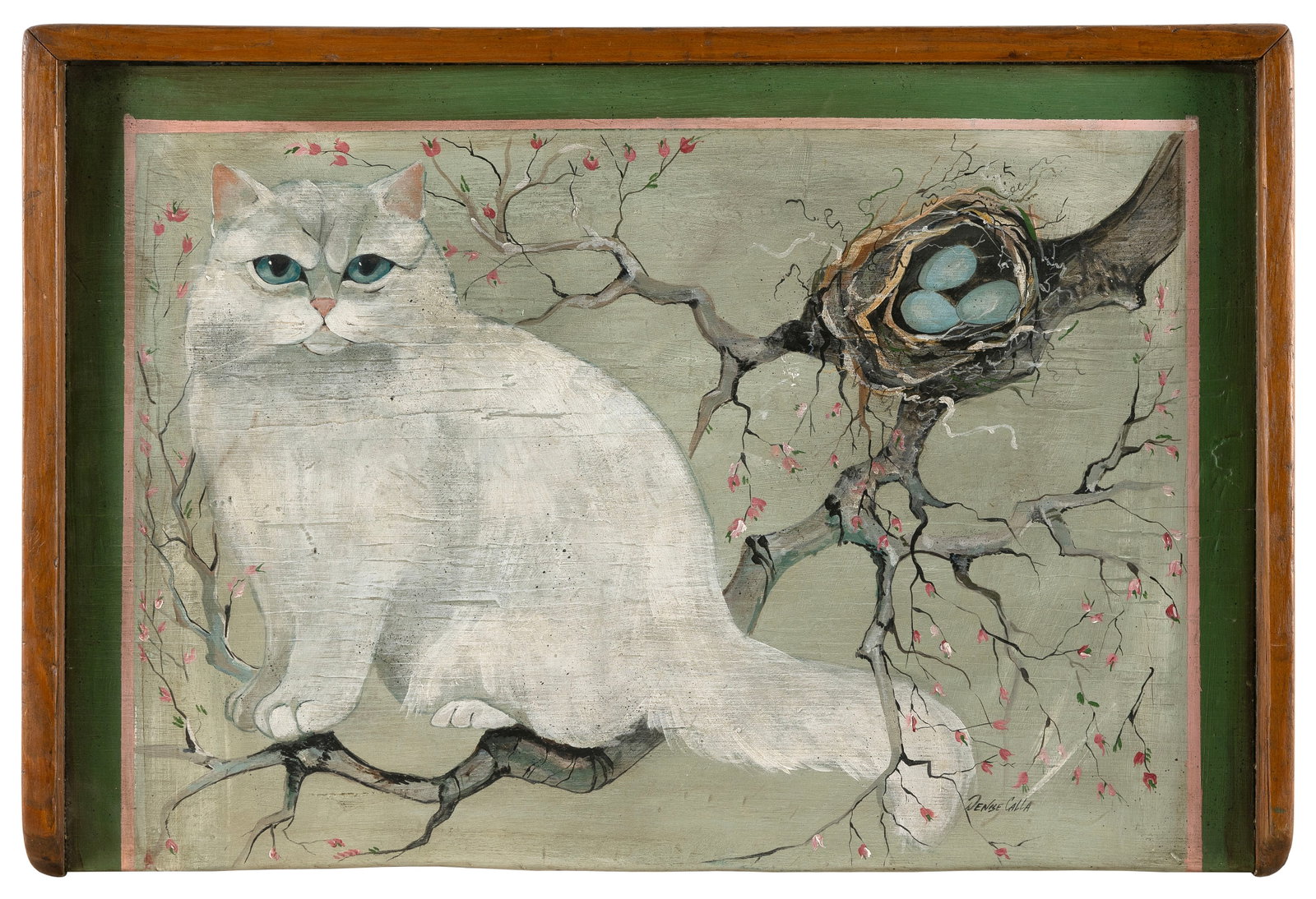 DENISE CALLA (America, Contemporary), White cat and a bird's nest., Oil on breadboard, 18" x 26".: DENISE CALLA America, Contemporary White cat and a bird's nest. Signed lower right "Denise Calla". Inscribed in pen verso "For: Priscilla Jean, The Angel Girl". Oil on breadboard, 18" x 26". Framed 19