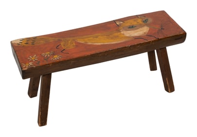 STOOL WITH PAINTED DECORATION Late 19th/Early 20th Century Height 14". Width 34". Depth 10.5".