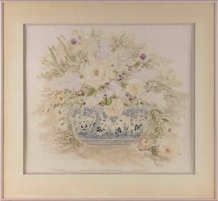 DAVIS CARROLL (Massachusetts, 20th/21st Century), "Peonies and Lilacs in Cousin Rita's Panda Bowl".,