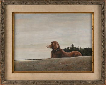 AMERICAN SCHOOL (Contemporary,), Dog by the forest., Oil on board, 19.25" x 25.25". Framed 26" x