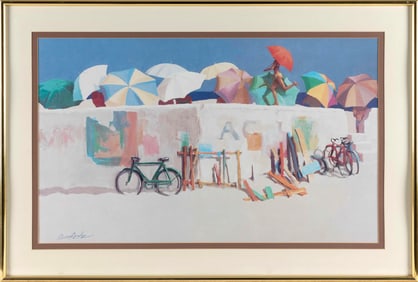 DAN POOLE (Florida, 1941-), Umbrellas and bikes at the beach., Color photolithograph on paper, 18" x