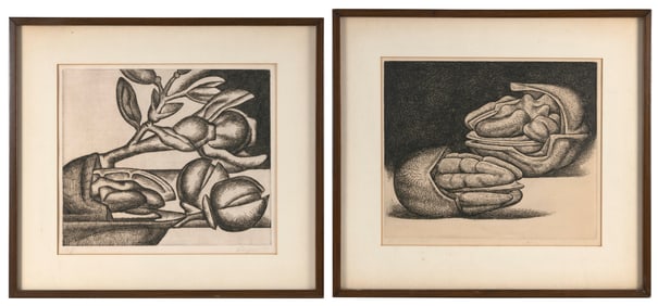 AMERICAN SCHOOL (20th Century,), Two still lifes:, Etchings, 12.75" x 14.25" sight. Framed 19" x
