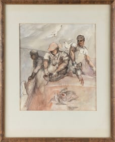 AMERICAN SCHOOL (20th Century,), Three fishermen., Pen and ink, 14.5" x 13" sight. Framed 25" x 20".