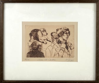MICHAEL LOUIS JACQUES (California, 1945-), "Green Mt. Children"., Etching on paper, 5.25" x 8.5"