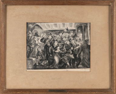 DON FREEMAN (New York/California, 1908-1978), "Saturday Night", 1934., Lithograph, 9.5" x 12.25".: DON FREEMANNew York/California, 1908-1978"Saturday Night", 1934. Published by the Federal Art Project, WPA, New York. Edition of 50. Signed in pencil lower right. "Public Works of Art Project" plaque