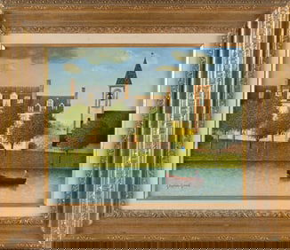 MAURICE GHIGLION-GREEN (France, 1913-1989), Cityscape with river., Oil on canvas, 15" x 18". Framed