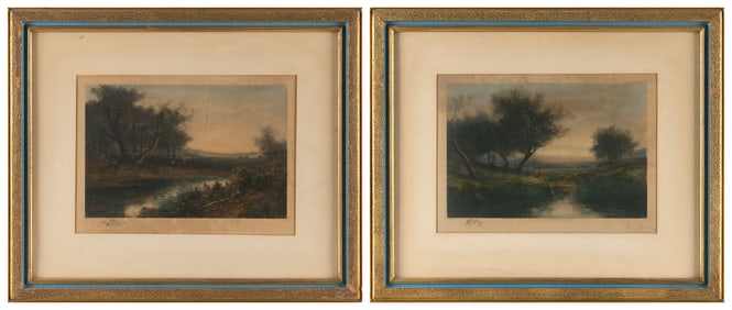 AFTER CAMILLE COROT (20th Century,), Pair of river scenes., Colored lithographs, 8" x 11". Framed