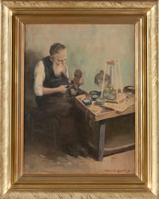 ANTONIO GODOY (Mexico/Brazil, 1903-1975), Interior scene with cobbler., Oil on canvas, 15.25" x