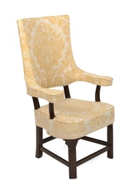 ENGLISH HIGH-BACK UPHOLSTERED ARMCHAIR 20th Century Back height 46". Seat height 18.5".