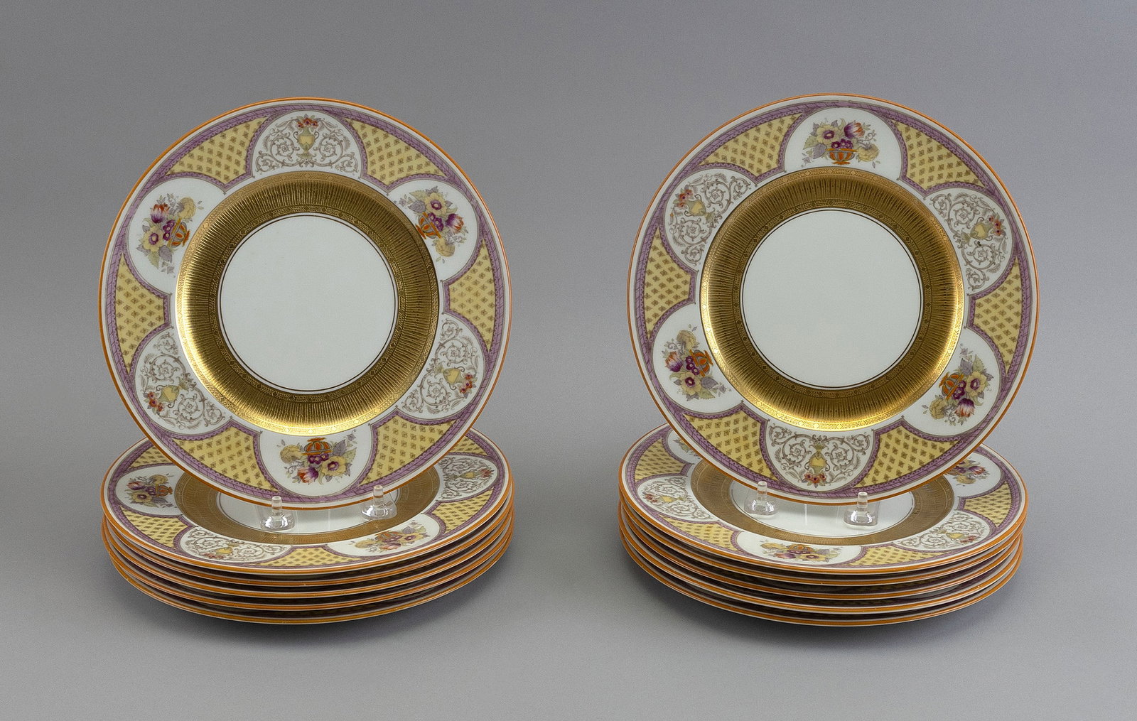 SET OF TWELVE CAULDON PORCELAIN PLATES England, Early 20th Century Diameters 9.25".: SET OF TWELVE CAULDON PORCELAIN PLATES England, Early 20th Century Reg. #700261, Pattern #64603. Diameters 9.25".