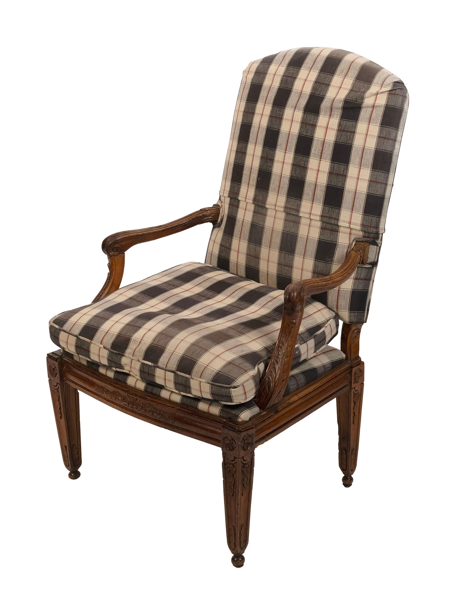 ENGLISH UPHOLSTERED ARMCHAIR 20th Century Back height 43". Seat height 17".: ENGLISH UPHOLSTERED ARMCHAIR20th CenturyArms and legs with floral and swag carving. Black, white and red check upholstery.Back height 43". Seat height 17".