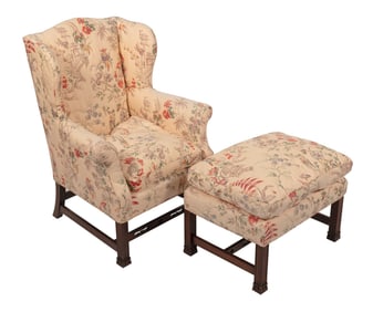 CHIPPENDALE-STYLE WING CHAIR AND MATCHING OTTOMAN 20th Century Back height 37". Seat height 18".