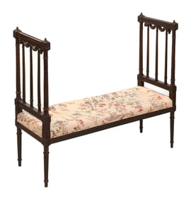 CARVED MAHOGANY WINDOW BENCH 20th Century Arm height 36". Seat height 15.5". Width 43.5". Depth