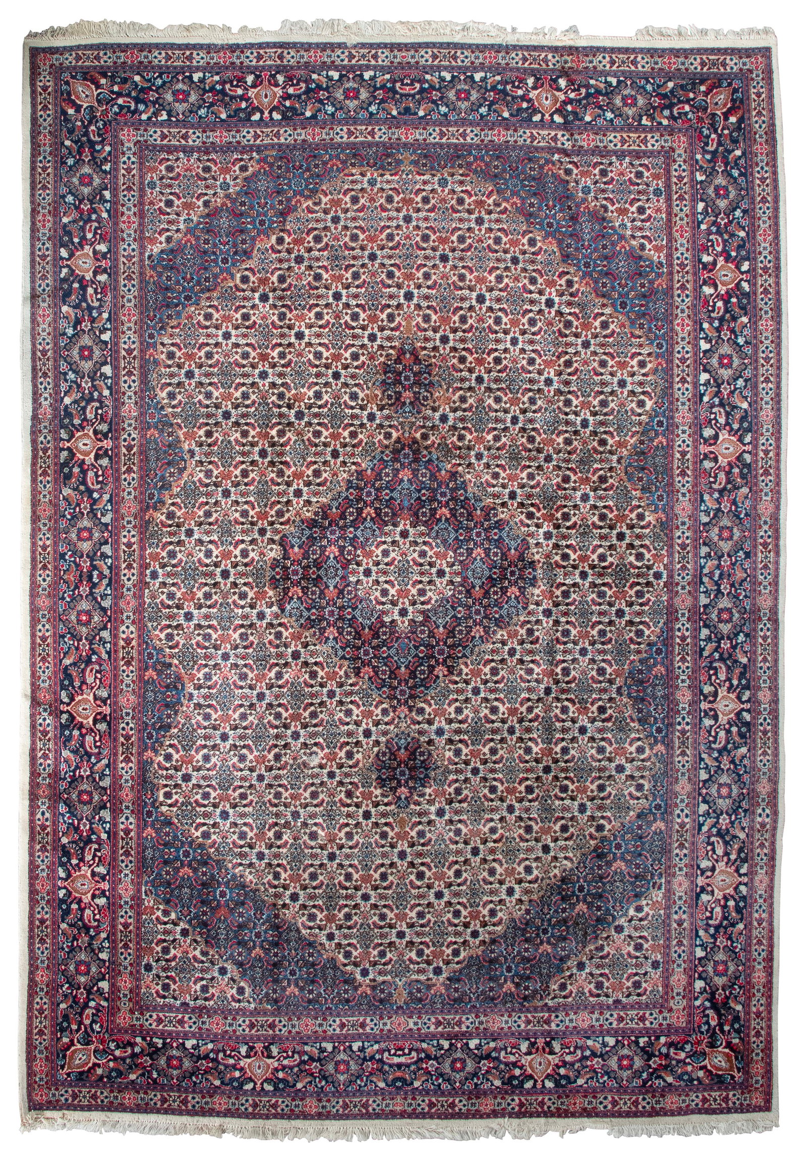 BIDJAR DESIGN RUG: 10'8" X 12'9" Late 20th Century: BIDJAR DESIGN RUG: 10'8" X 12'9" Late 20th Century Bright ivory field with an ivory and navy blue central medallion and a red, pink, blue and brassy gold Herati pattern. Marine blue and ivory spandrel