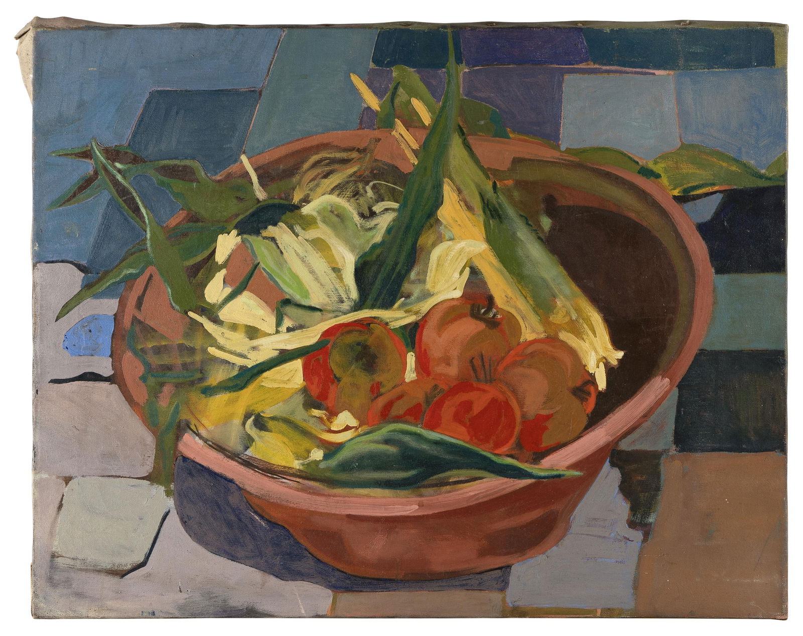 AMERICAN SCHOOL (Mid-20th Century,), Still life of vegetables in a bowl., Oil on canvas, 22" x 28". (1 of 2)