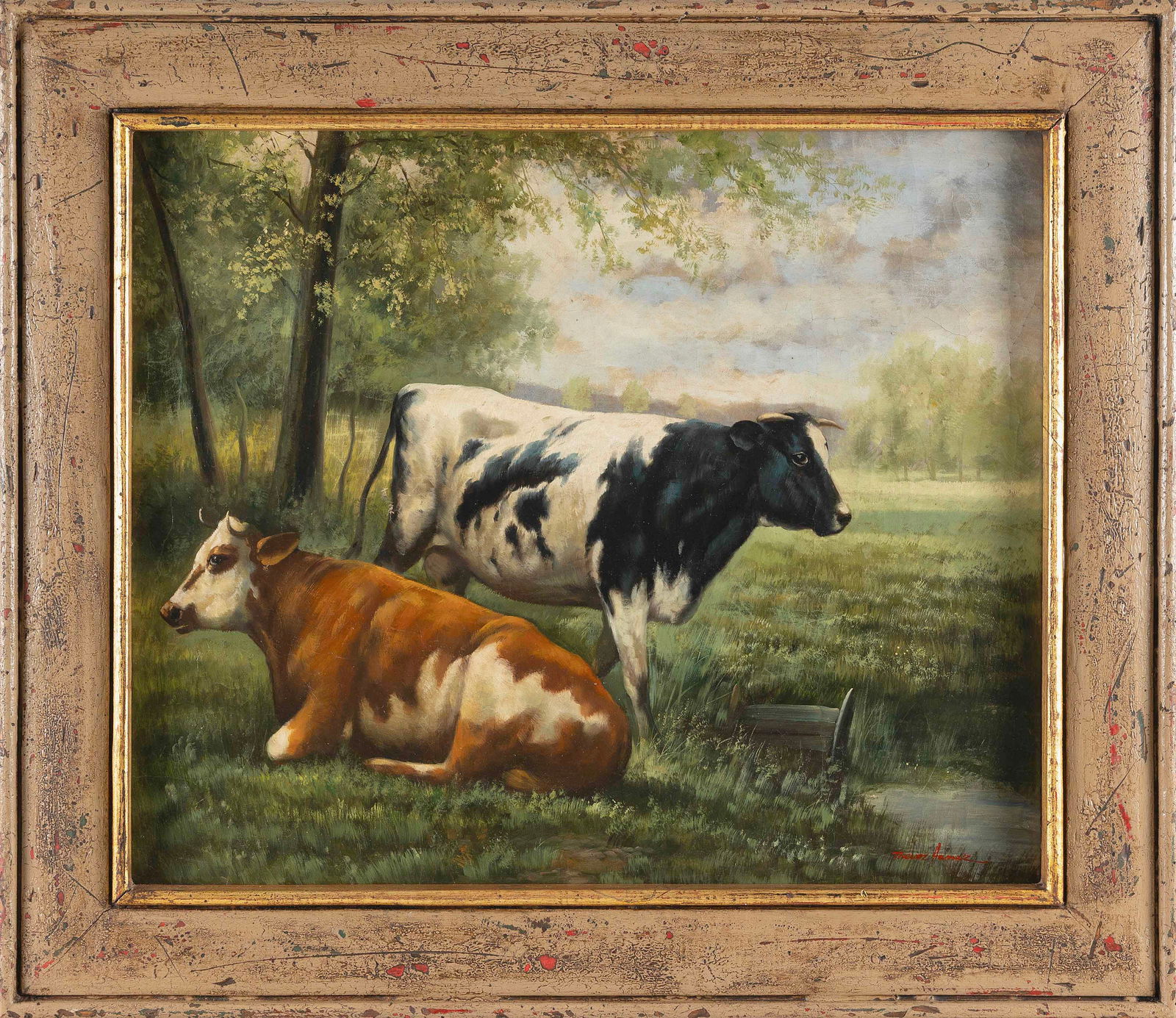 TREVOR JAMES (Contemporary,), Cattle in a meadow., Oil on canvas, 20" x 24". Framed 26.5" x 30.5".: TREVOR JAMESContemporaryCattle in a meadow. Signed lower right "Trevor James".Oil on canvas, 20" x 24". Framed 26.5" x 30.5".