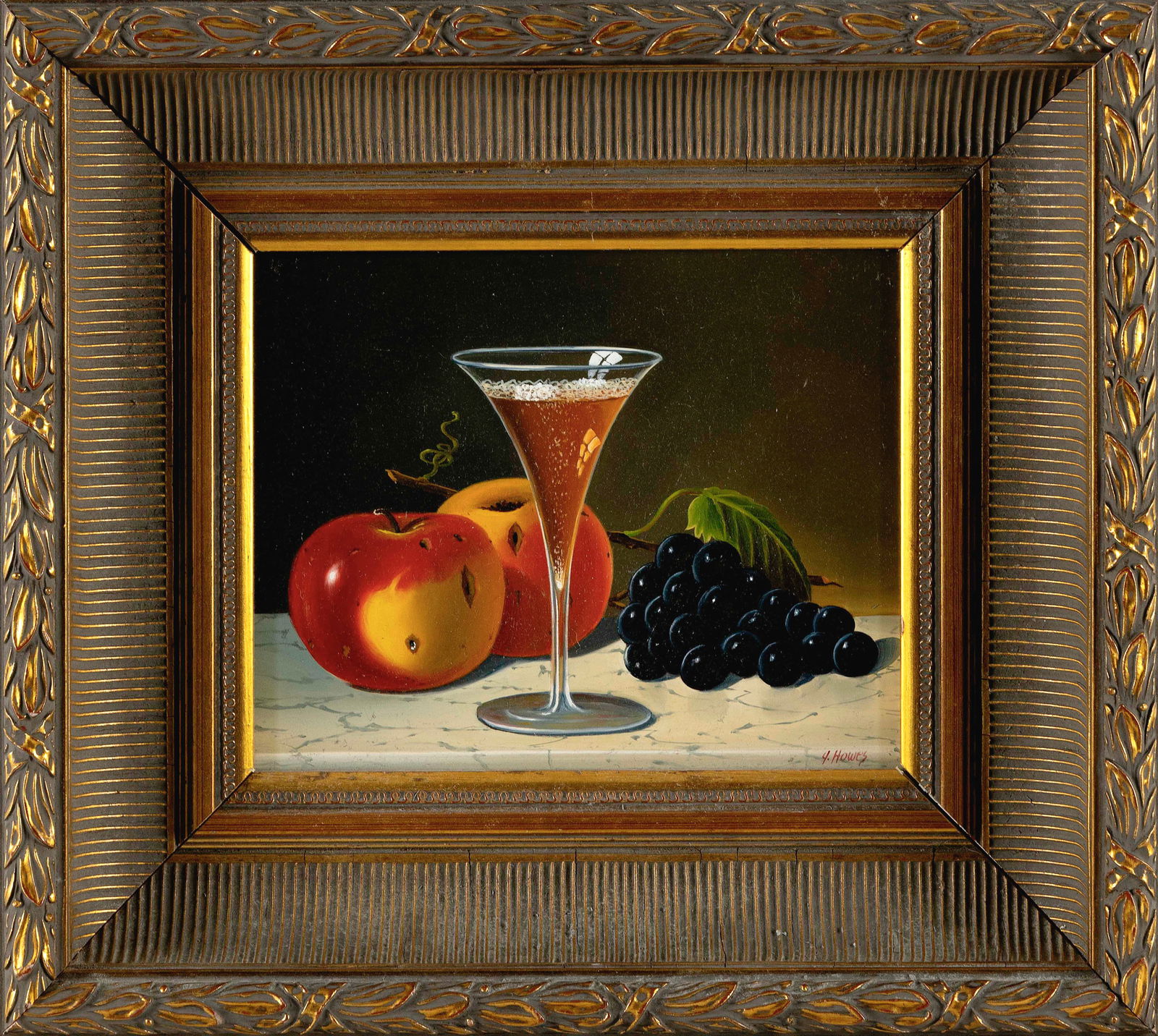 JEROME HOWES (New York/Massachusetts, 1955-), Still life of apples, grapes and a champagne flute., (1 of 2)