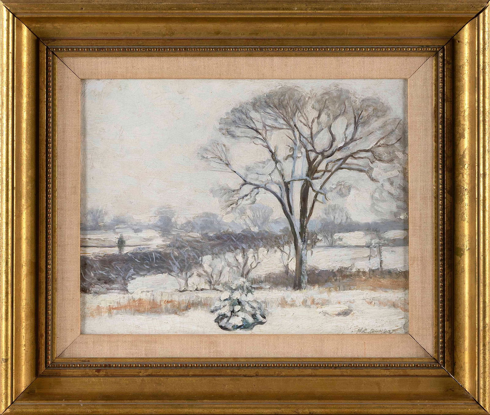 AMERICAN SCHOOL WINTER SCENE PAINTING, Oil on canvas, 11.5" x 14" (1 of 2)