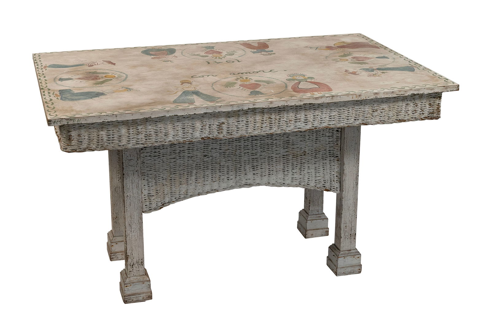 WICKER TABLE WITH PAINTED DECORATION IN THE STYLE OF PETER HUNT 20th Century Height 30". Length 52".: WICKER TABLE WITH PAINTED DECORATION IN THE STYLE OF PETER HUNT20th CenturyTop with figures, hearts, "con amore." and "1941".Height 30". Length 52". Width 32.5".