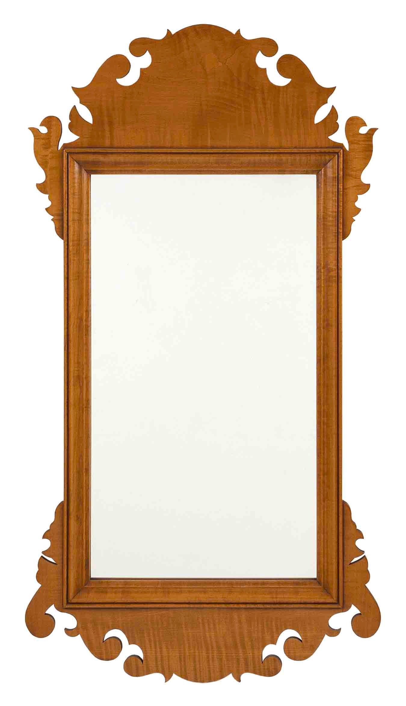 ELDRED WHEELER CHIPPENDALE-STYLE MIRROR Massachusetts, 20th Century Height 37". Width 20".: ELDRED WHEELER CHIPPENDALE-STYLE MIRRORMassachusetts, 20th CenturyTiger maple frame. Original label on back.Height 37". Width 20".