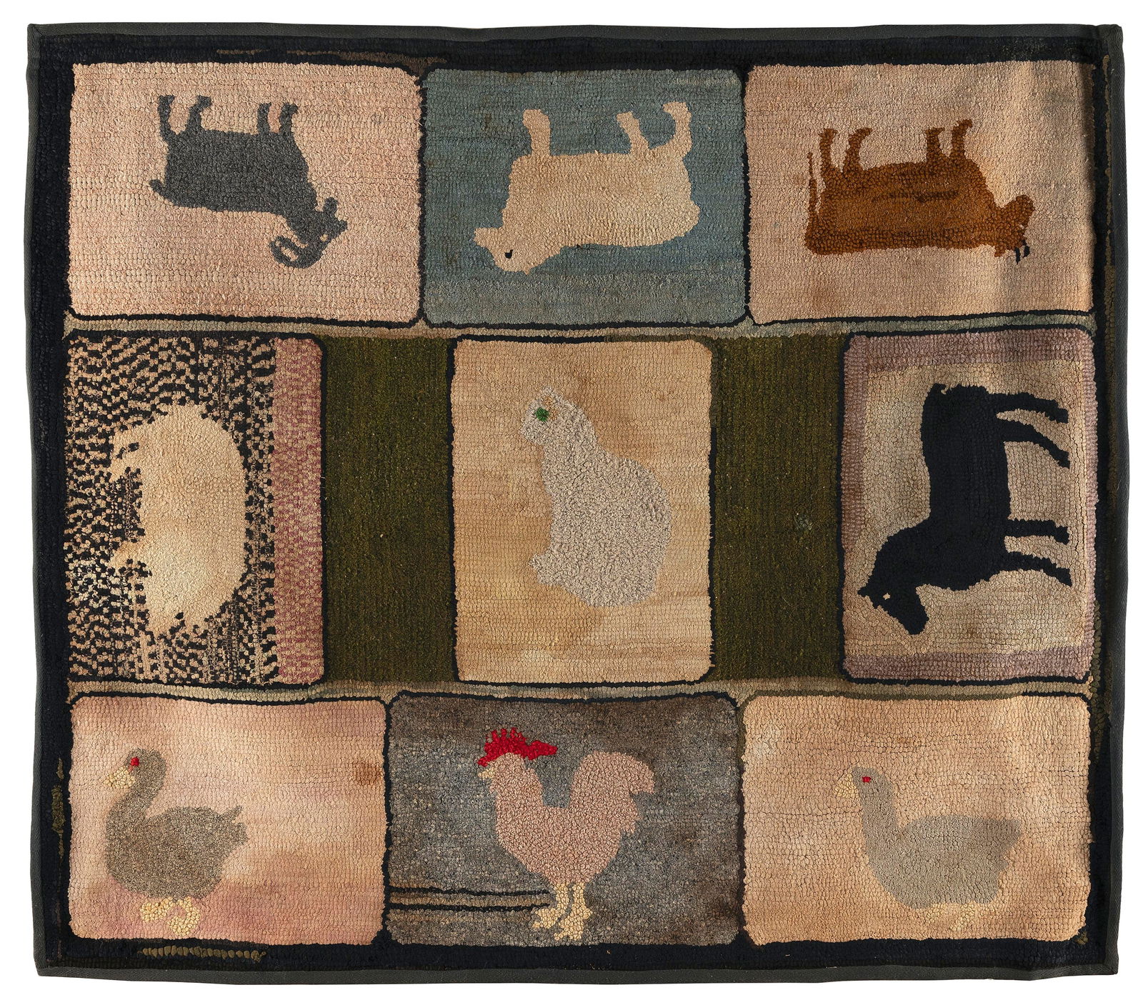 HOOKED RUG DEPICTING ANIMAL FIGURES Early 20th Century 40.5" x 36.25". (1 of 2)