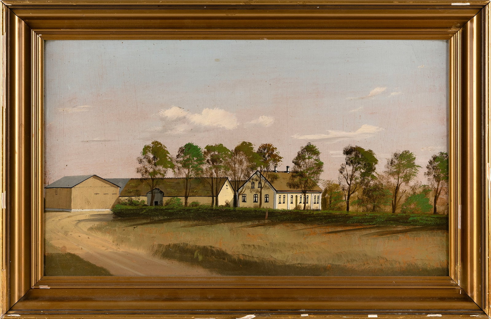 AMERICAN SCHOOL (Early 20th Century,), Primitive view of a farmhouse., Oil on board, 14.75" x 23.5".: AMERICAN SCHOOL Early 20th Century Primitive view of a farmhouse. Oil on board, 14.75" x 23.5". Framed 18.5" x 28.5".