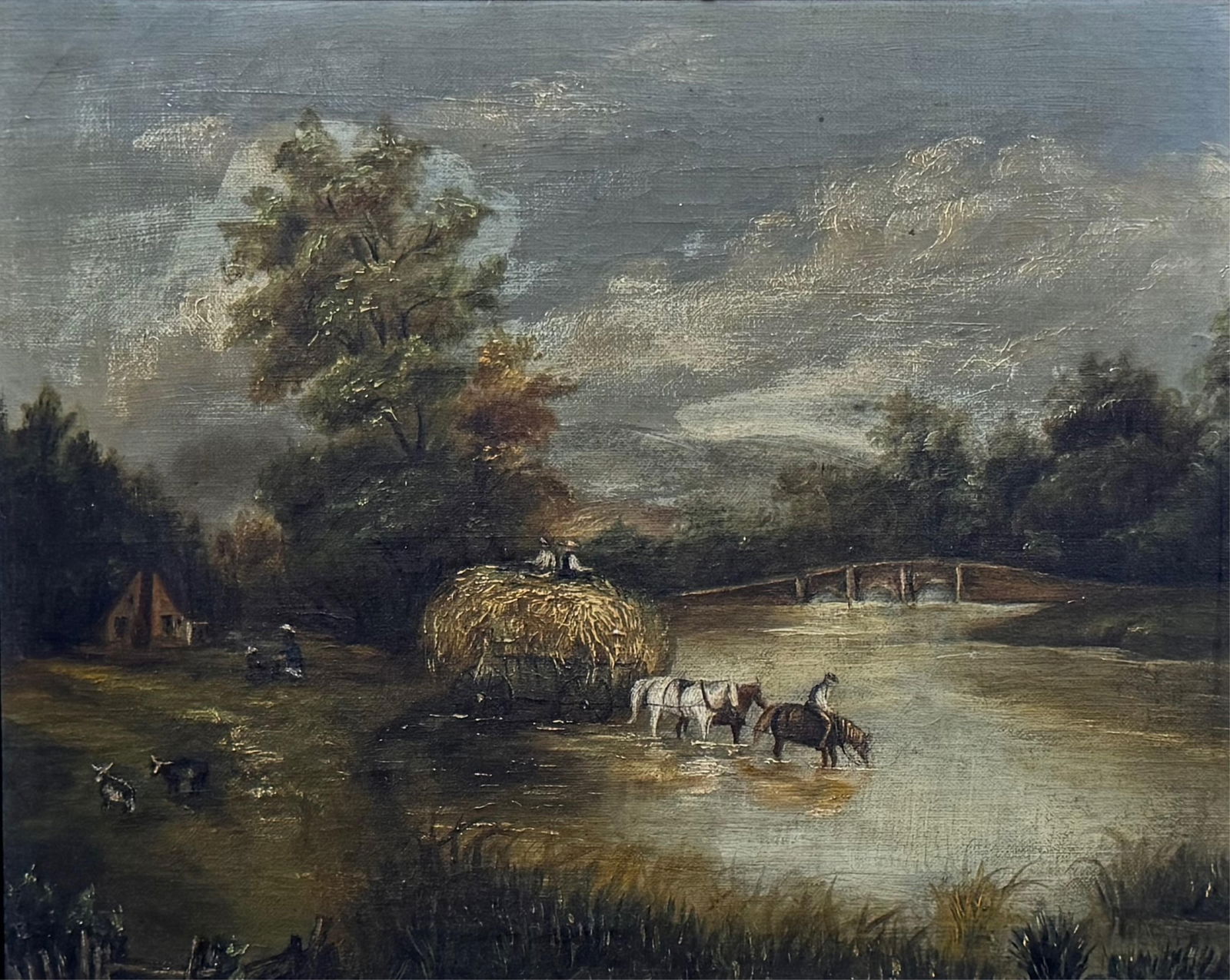 AMERICAN SCHOOL (Late 19th Century,), Horse-drawn hay wagon fording a river., Oil on canvas, 10" x (1 of 7)