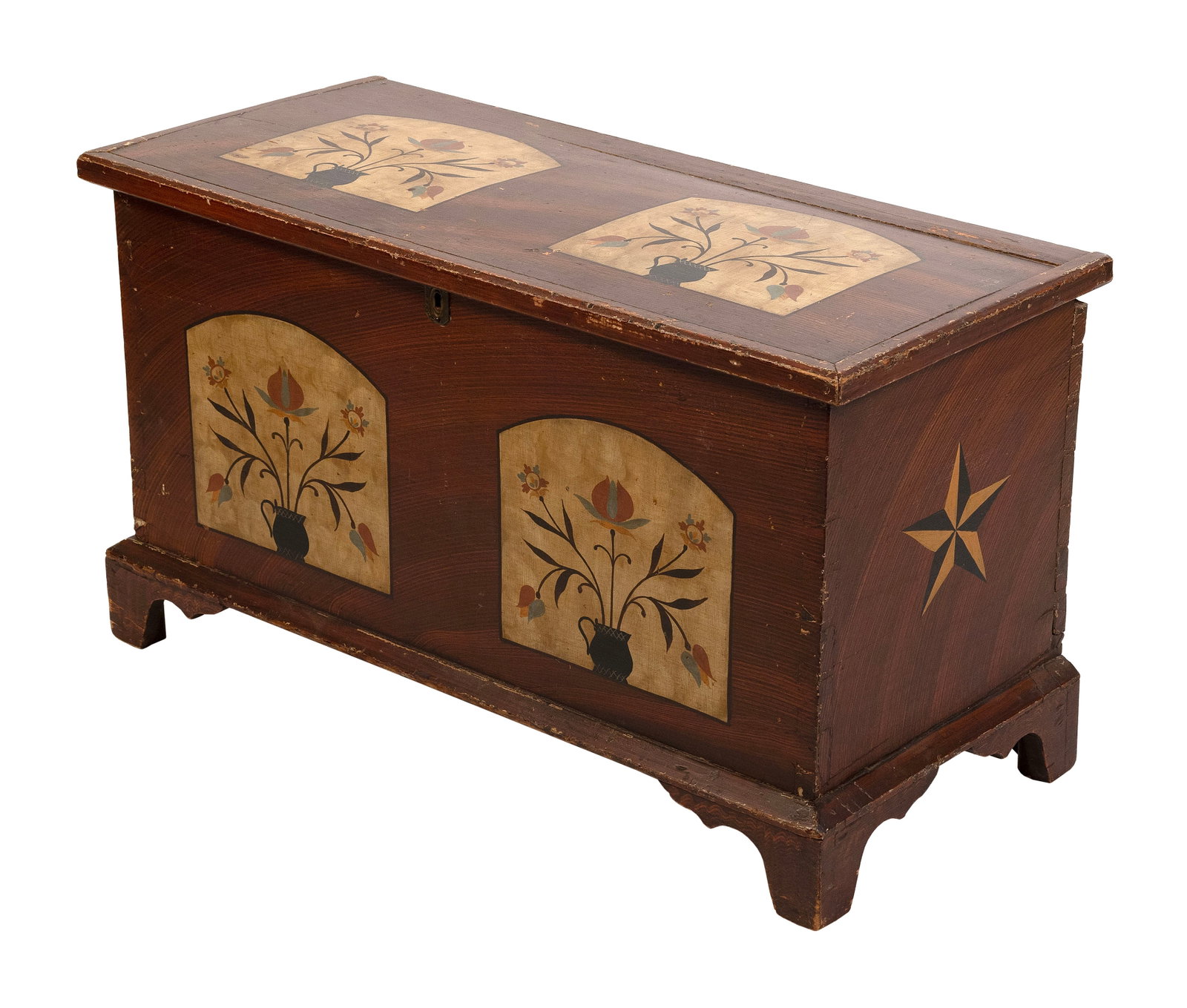 GRAIN-PAINTED POPLAR BLANKET CHEST 19th Century Height 22". Width 38.25". Depth 17.5".: GRAIN-PAINTED POPLAR BLANKET CHEST 19th Century Later painted decoration of stars and four Pennsylvania Dutch-style panels of potted tulips. Dovetail construction. Interior with till. Flat bracket fee