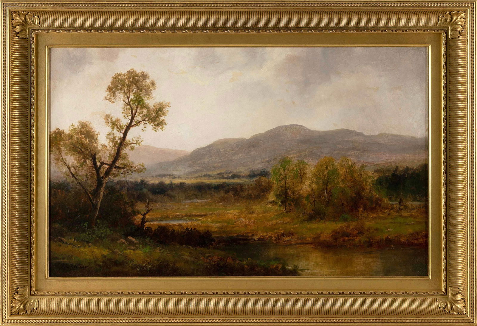 AMERICAN SCHOOL (19th Century,), Landscape with pond and distant mountains., Oil on canvas, 18" x (1 of 2)
