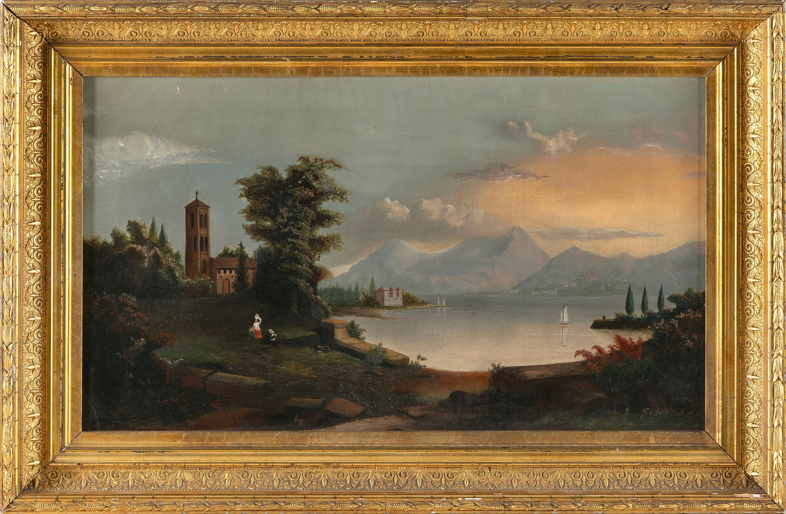 HUDSON RIVER SCHOOL (19th Century,), Lake landscape with distant mountains., Oil on canvas, 14" x (1 of 2)