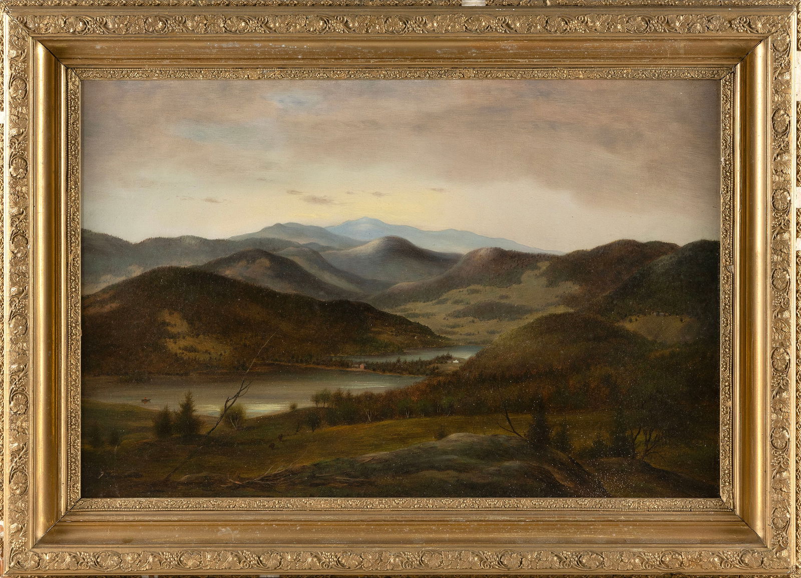 AMERICAN SCHOOL (19th Century,), Expansive landscape with river and mountains., Oil on canvas, 16" x (1 of 2)
