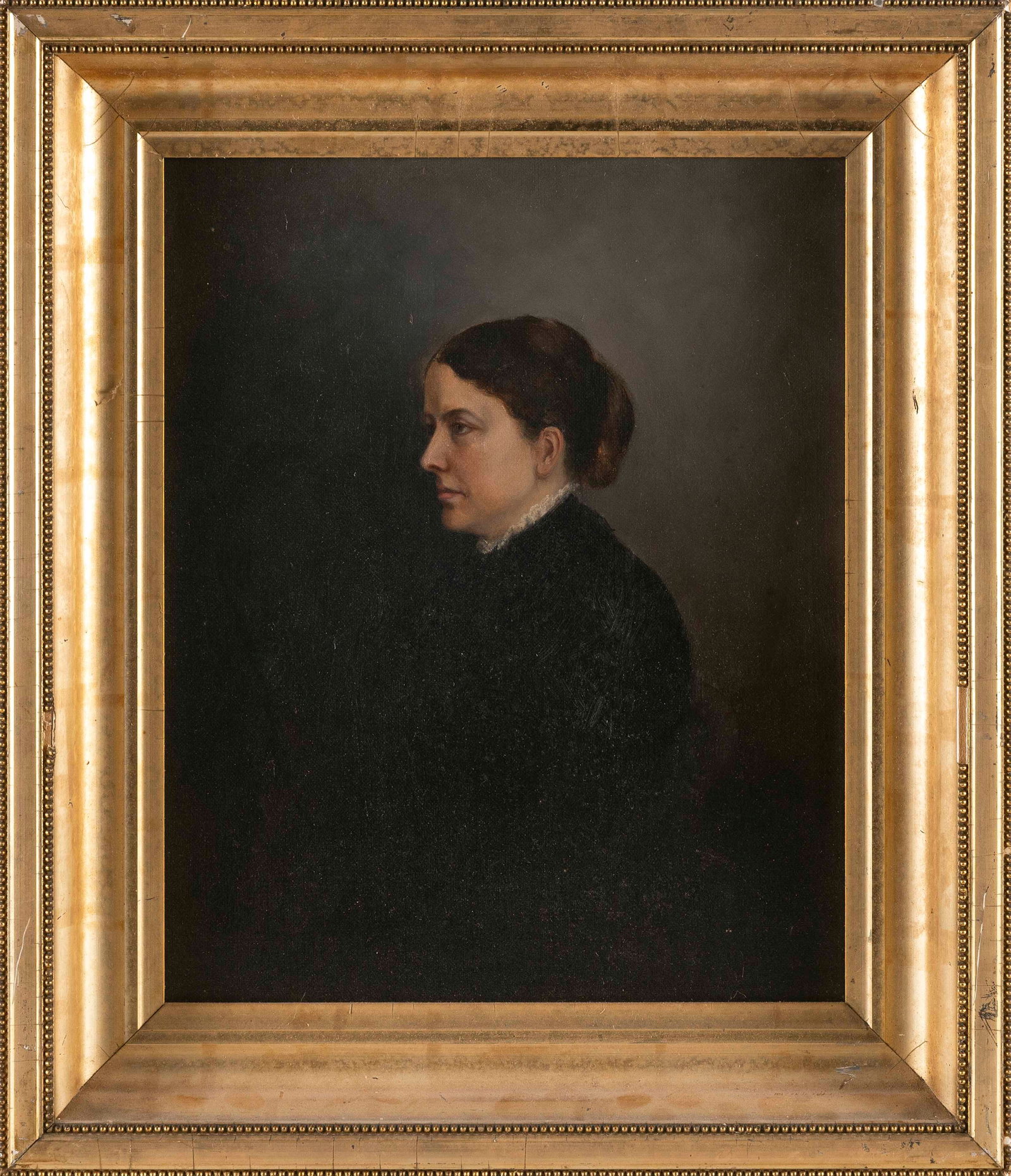 AMERICAN SCHOOL (19th Century,), Portrait of a woman in profile., Oil on canvas, 13.75" x 11".: AMERICAN SCHOOL 19th Century Portrait of a woman in profile. Unsigned. Oil on canvas, 13.75" x 11". Framed 18" x 15.5". Provenance: An Upstate New York Collection.