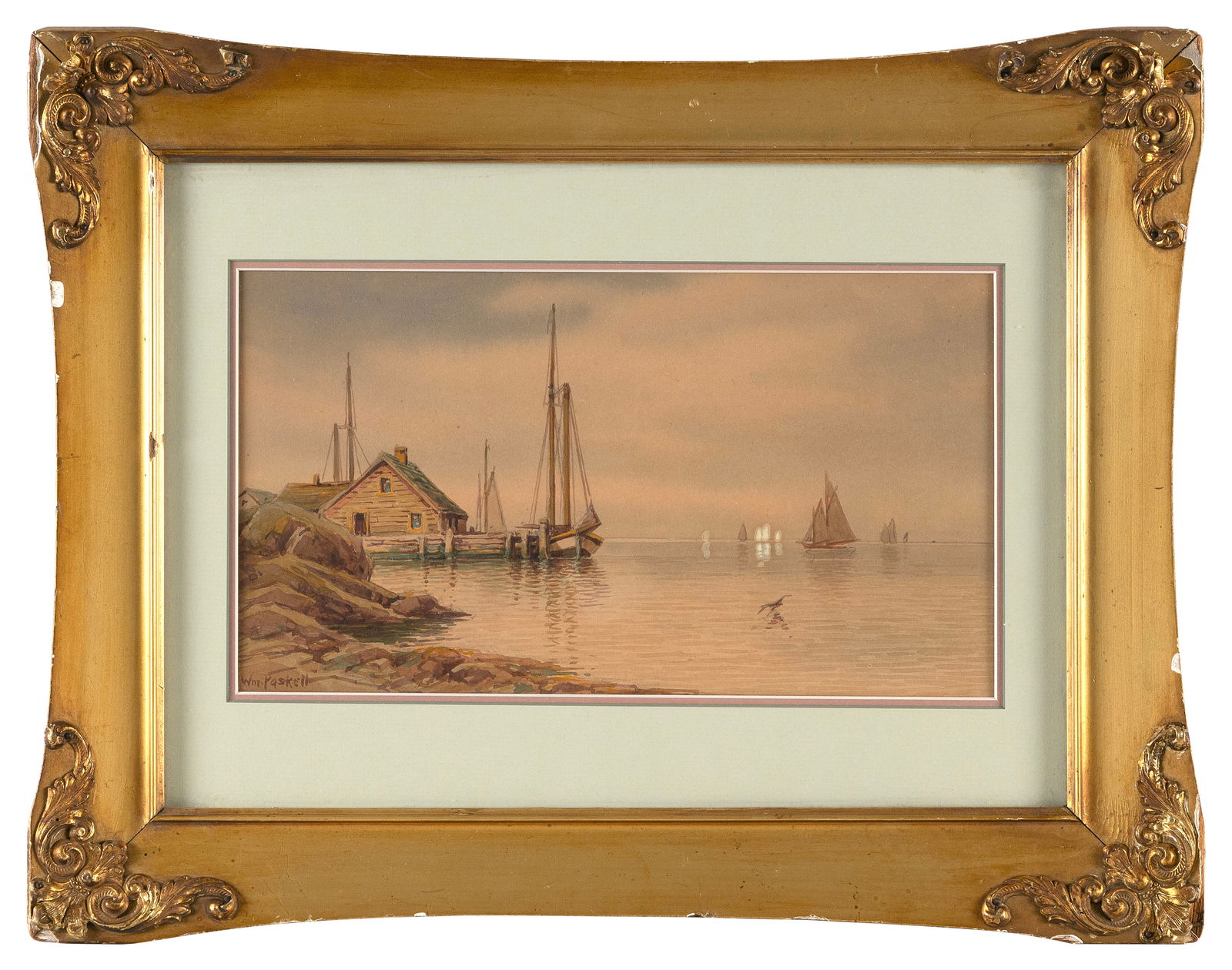 WILLIAM FREDERICK PASKELL (Massachusetts, 1866-1951), Sunset at the pier., Watercolor, 6" x 11": WILLIAM FREDERICK PASKELLMassachusetts, 1866-1951Sunset at the pier. Signed lower left "Wm. Paskell".Watercolor, 6" x 11" sight. Framed 13" x 17".