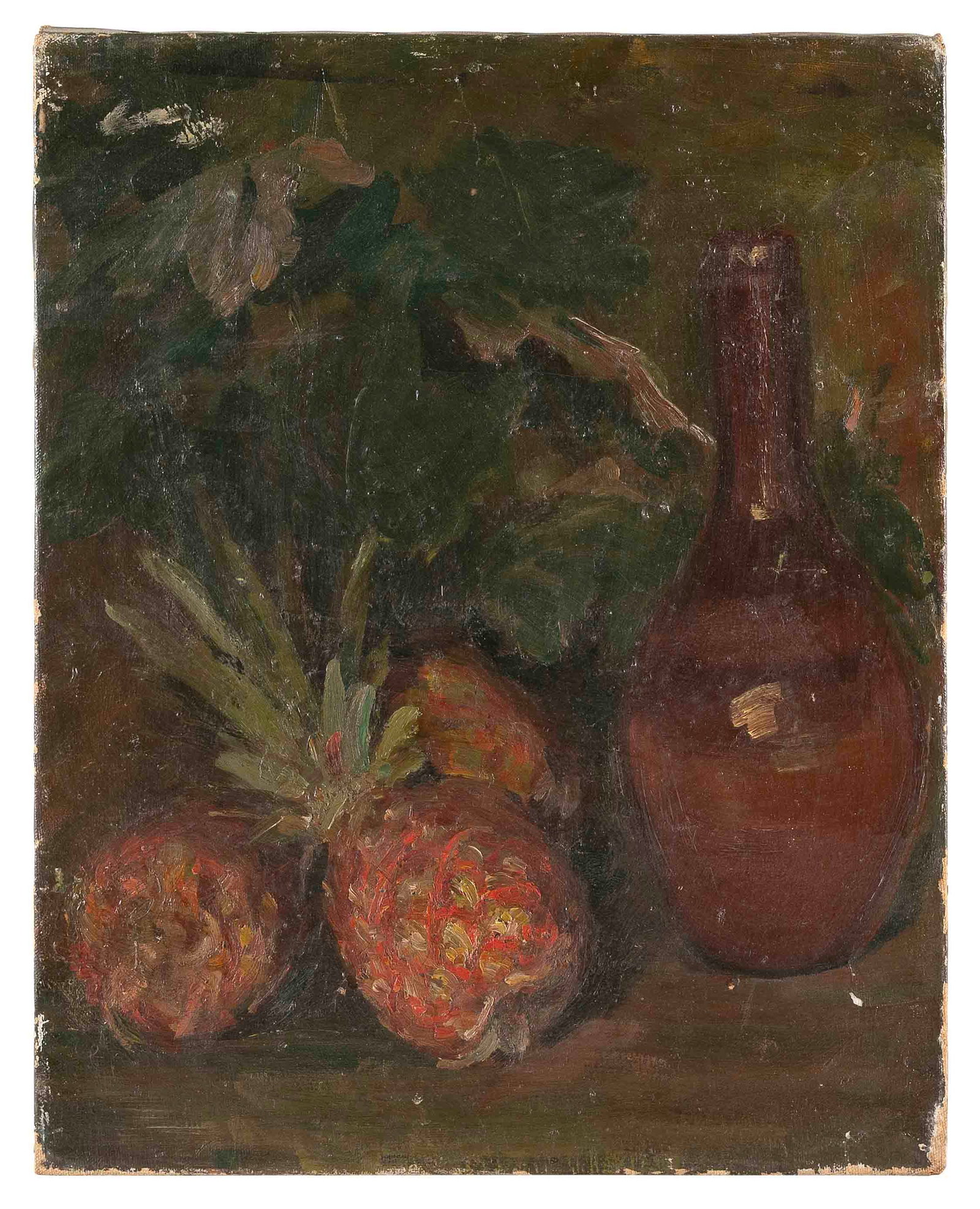 AMERICAN SCHOOL (Late 19th Century,), Still life of pineapples and a glass bottle., Oil on canvas,: AMERICAN SCHOOL Late 19th Century Still life of pineapples and a glass bottle. Unsigned. Oil on canvas, 20" x 16". Unframed.