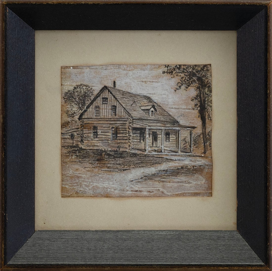 ALFRED RUDOLF WAUD (New York, 1828-1891), "Hotel at White Oak 1872"., Ink and gouache on birch bark, (1 of 2)