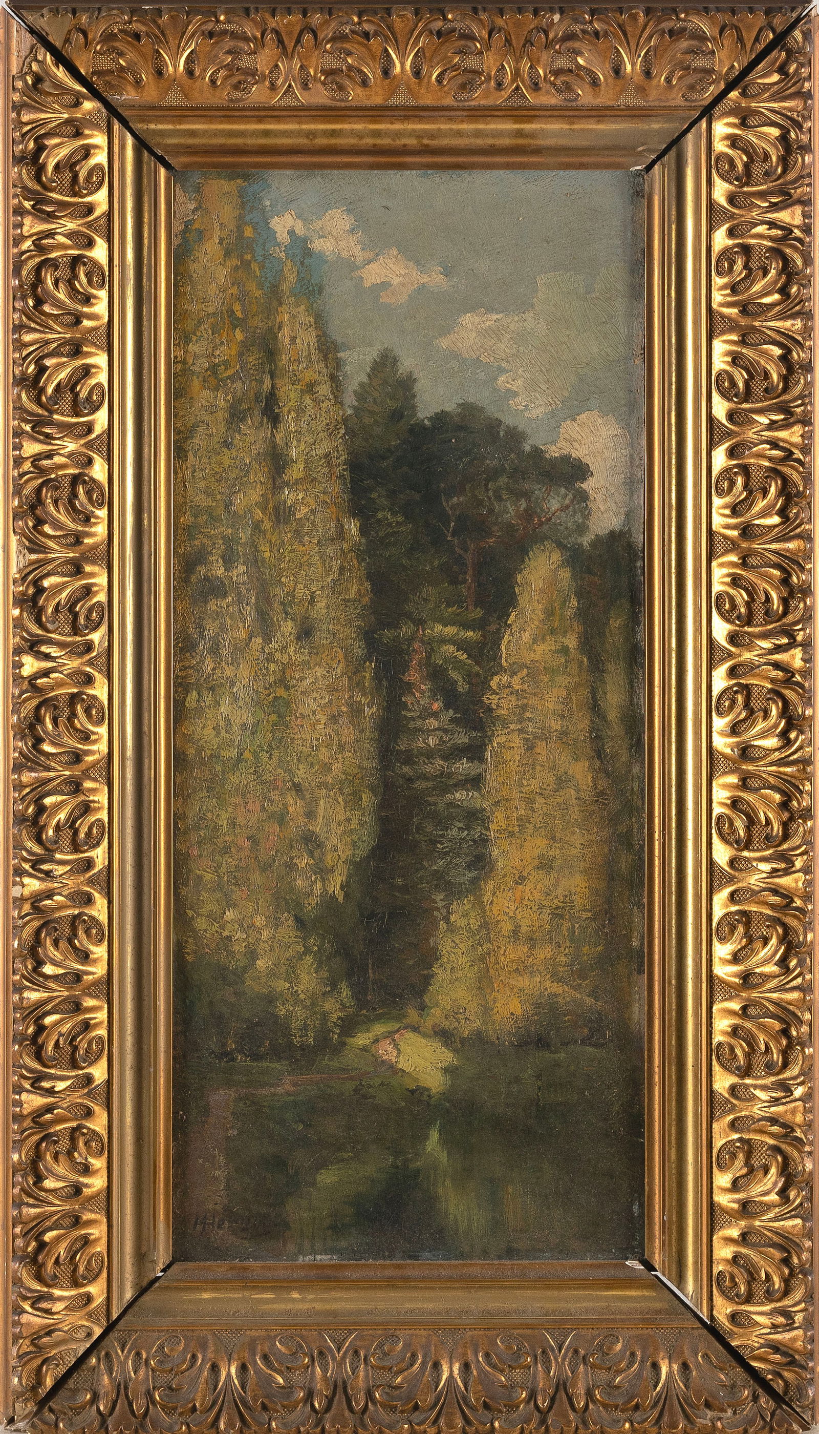 MAX HERZOG (Illinois, 1889-1962), Landscape with aspens., Oil on board, 22" x 9". Framed 29" x 16". (1 of 2)