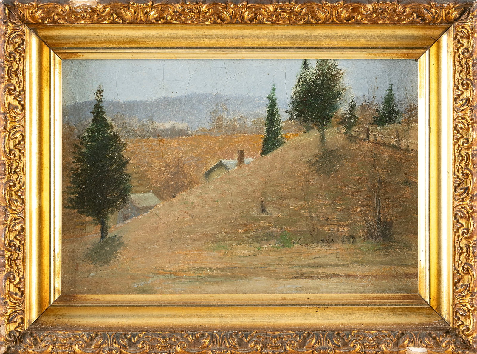 AMERICAN SCHOOL (19th/Early 20th Century,), Landscape with buildings peeking out from behind a: AMERICAN SCHOOL 19th/Early 20th Century Landscape with buildings peeking out from behind a hill. Unsigned. Oil on academy board, 8" x 11.5". Framed 11" x 14.5".