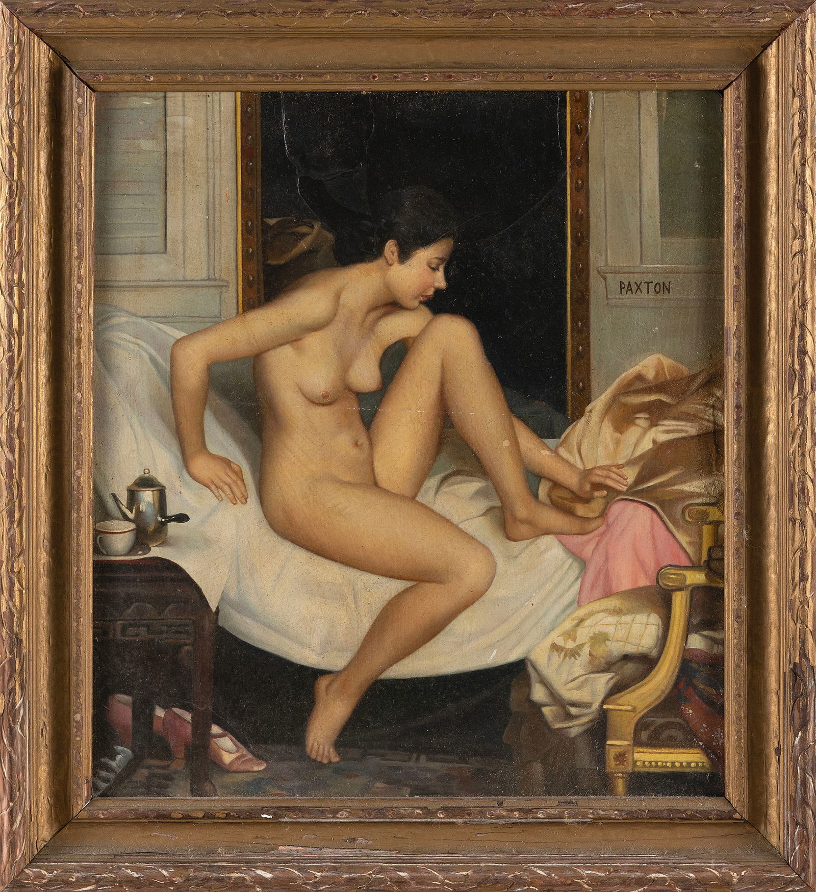 AFTER WILLIAM MCGREGOR PAXTON (American School, Early 20th C.), Nude model in a studio.: AFTER WILLIAM MCGREGOR PAXTONAmerican school, Early 20th CenturyNude model in a studio. Signed upper right "Paxton".Oil on board, 16" x 14". Framed 19.5" x 17.5".