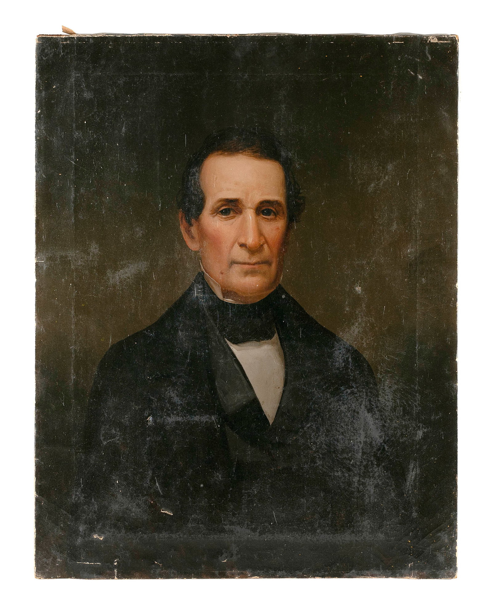 AMERICAN SCHOOL (19th Century,), Portrait of a gentleman., Oil on canvas, 30" x 23.5". Unframed.: AMERICAN SCHOOL 19th Century Portrait of a gentleman. Unsigned. Oil on canvas, 30" x 23.5". Unframed. Provenance: An Upstate New York Collection.