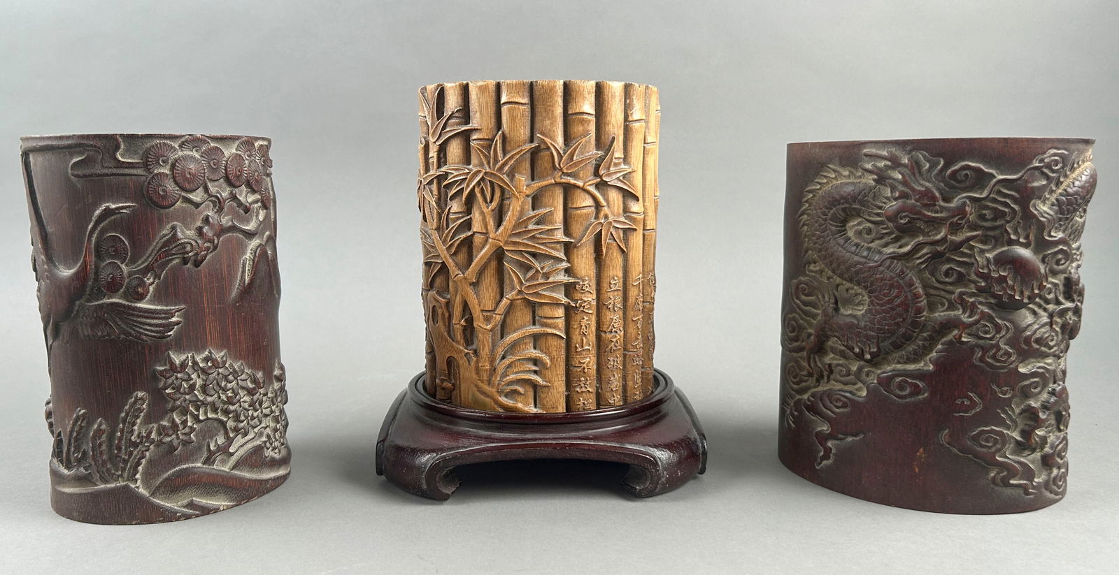 THREE CHINESE BAMBOO BRUSH POTS Early 20th Century Heights 6" and 7". (1 of 14)