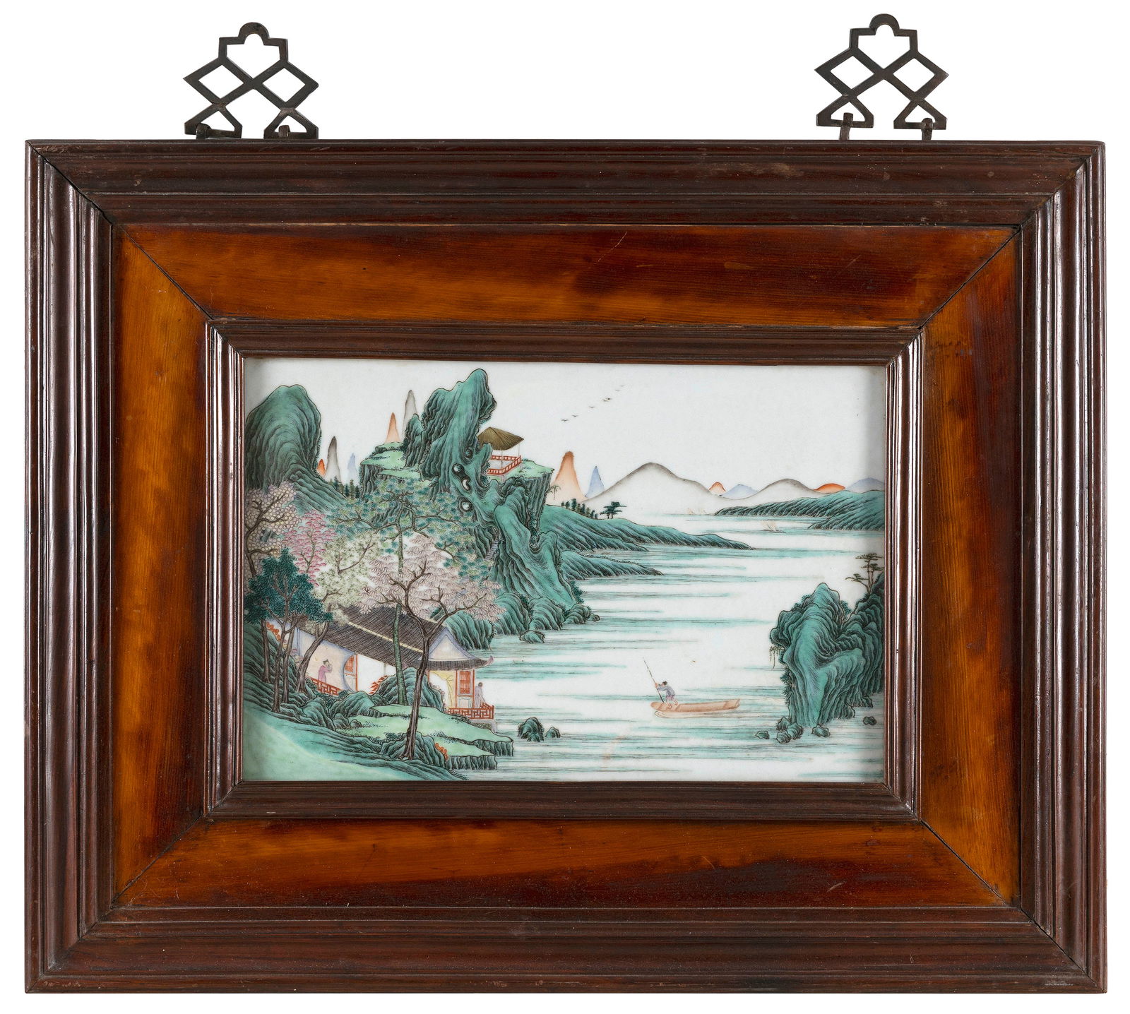 CHINESE FAMILLE VERTE PORCELAIN TILE PAINTING 19th Century Tile, 10" x 16". Framed 20" x 25". (1 of 4)