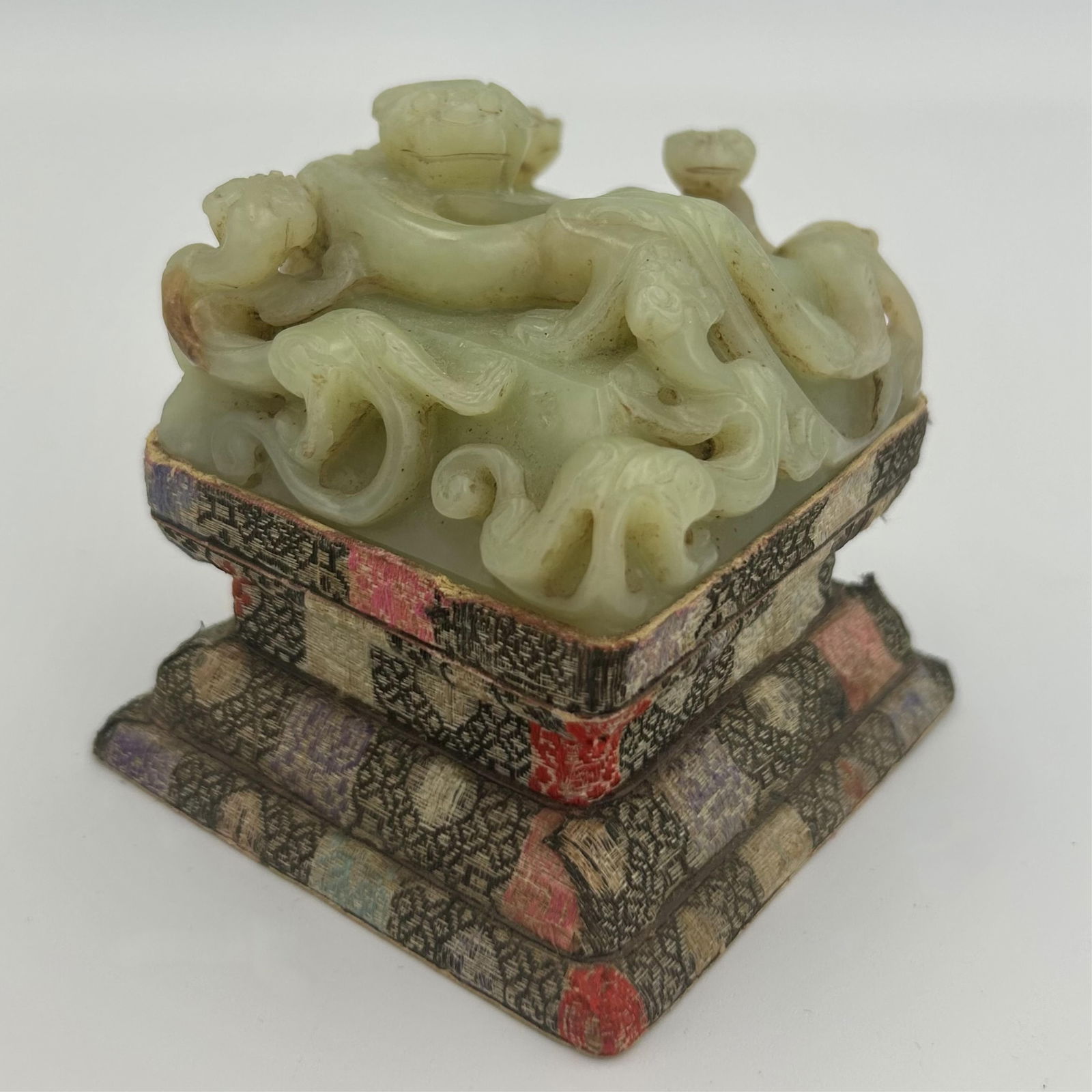 CHINESE CARVED CELADON JADE SEAL 18th/19th Century Jade height 1.5". 2.75" x 2.75". Stand height 2". (1 of 13)