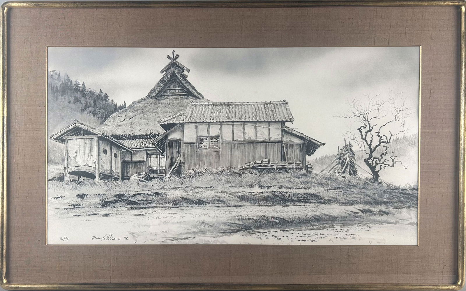 BRIAN WILLIAMS (Japan/America, 1950-), In Myama., Lithograph, 17" x 31" sight. Framed 25" x 39.5".: BRIAN WILLIAMSJapan/America, 1950-In Myama. Numbered 31/48. Signed and dated lower left "Brian Williams '86". Kato, Tokyo framer's label verso.Lithograph, 17" x 31" sight. Framed 25" x 39.5". Provenan