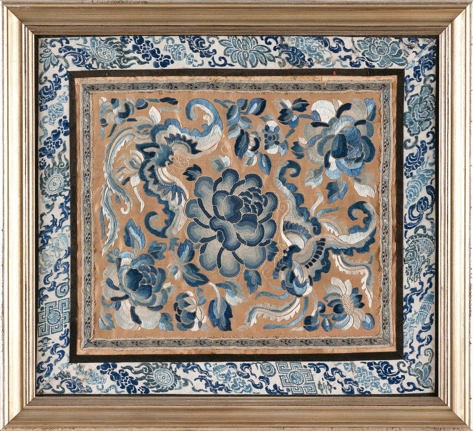 CHINESE SILK EMBROIDERED PANEL 19th Century 13" x 15". Framed 16" x 17.5". (1 of 2)