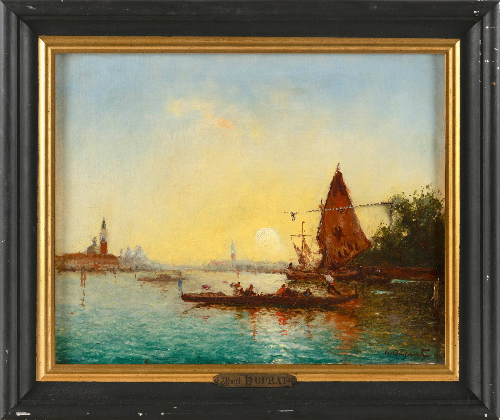 ALBERT FERDINAND DUPRAT (Italy/France, 1882-1974), Sunset over Venice., Oil on canvas, 13" x 16.25".: ALBERT FERDINAND DUPRAT Italy/France, 1882-1974 Sunset over Venice. Signed lower right "Duprat". Oil on canvas, 13" x 16.25". Framed 17" x 20".