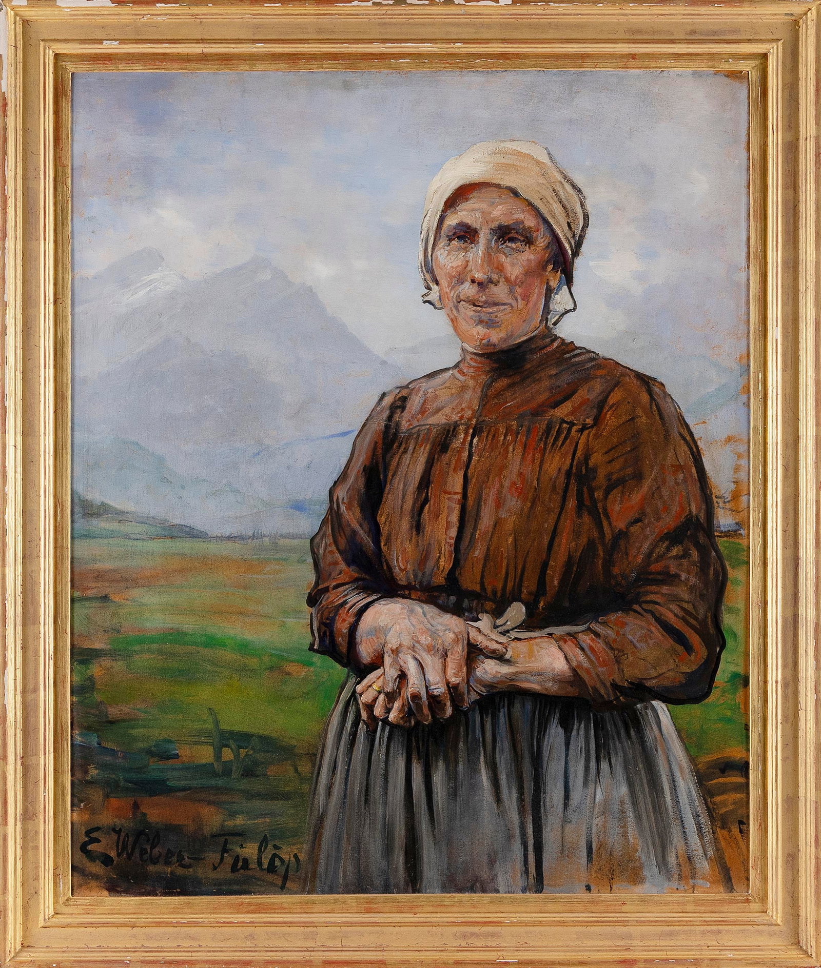 ELISABETH WEBER-FULOP (New York/Hungary, 1883-1938), Portrait of a woman in a landscape., Oil on: ELISABETH WEBER-FULOP New York/Hungary, 1883-1938 Portrait of a woman in a landscape. Signed lower left "E. Weber-Fulop". Oil on masonite, 35.5" x 29". Framed 40.5" x 34.5".