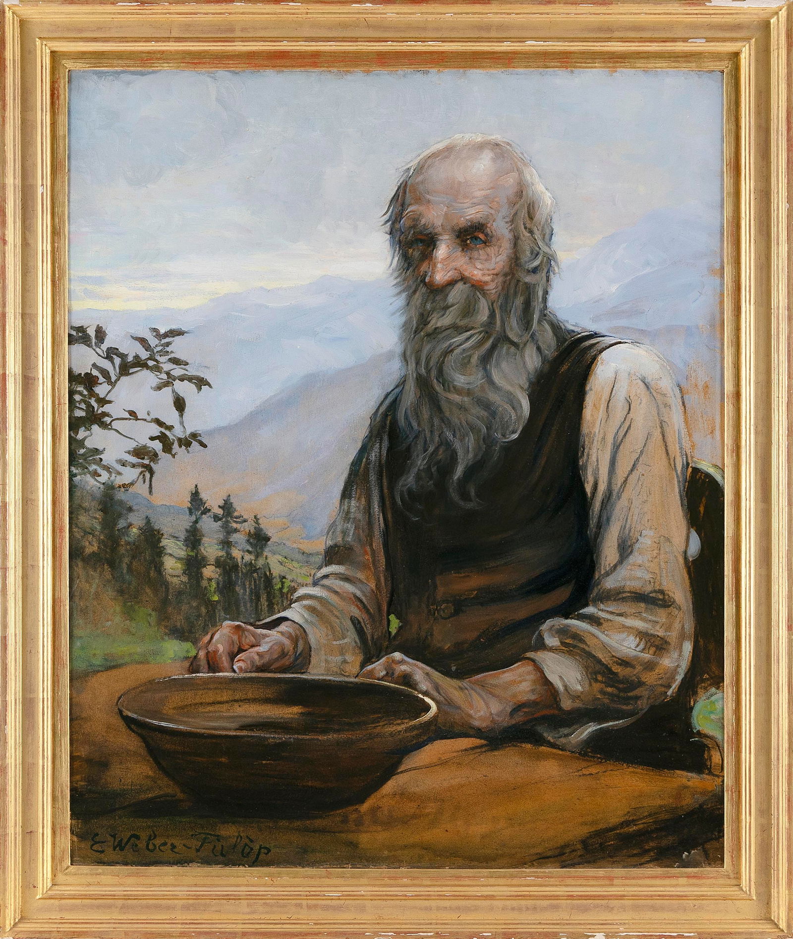 ELISABETH WEBER-FULOP (New York/Hungary, 1883-1966), Portrait of a man seated at a table within a: ELISABETH WEBER-FULOPNew York/Hungary, 1883-1966Portrait of a man seated at a table within a landscape. Signed lower left "E. Weber-Fulop".Oil on masonite, 35.5" x 29". Framed 40.5" x 34.5".