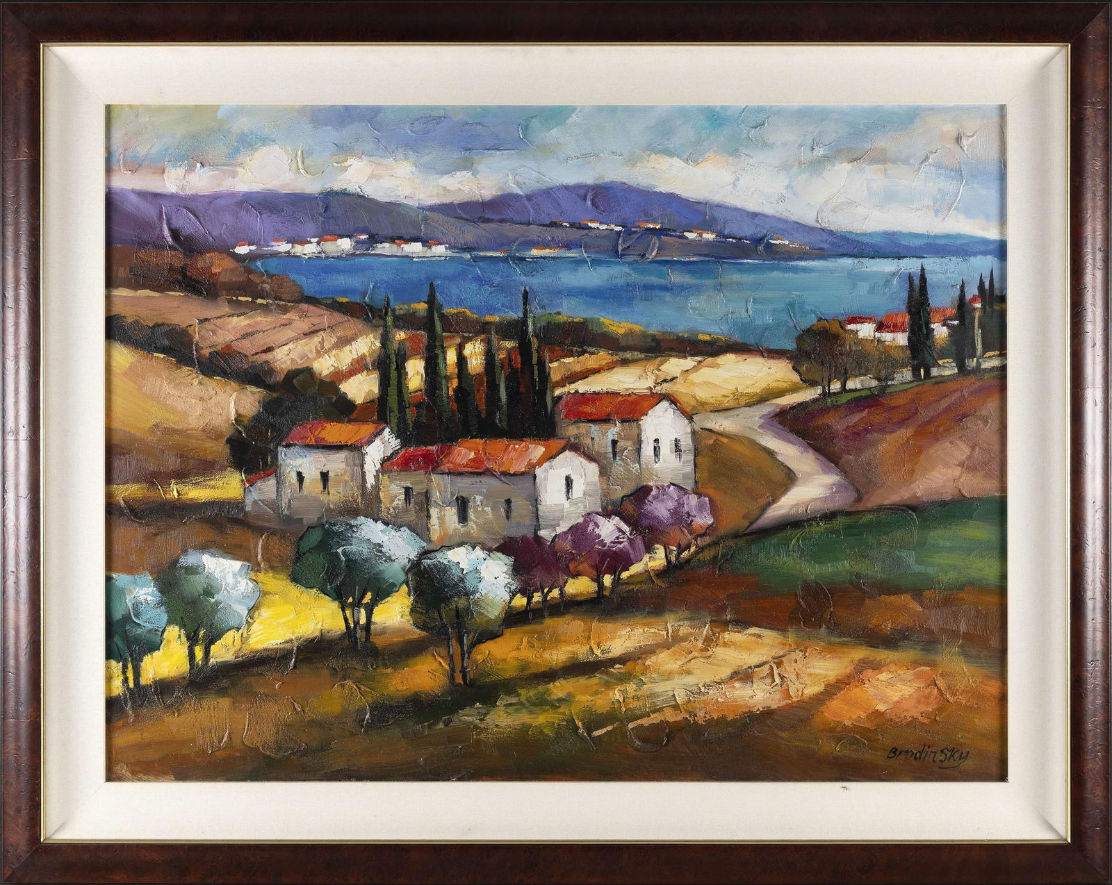 SLAVA BRODINSKY (America/Russian Federation, 1955-), Cluster of buildings overlooking the ocean.,: SLAVA BRODINSKYAmerica/Russian Federation, 1955-Cluster of buildings overlooking the ocean. Signed lower right.Oil on canvas, 30" x 40". Framed 38.5" x 48.5". Russian expressionist Slava Brodinsky sho