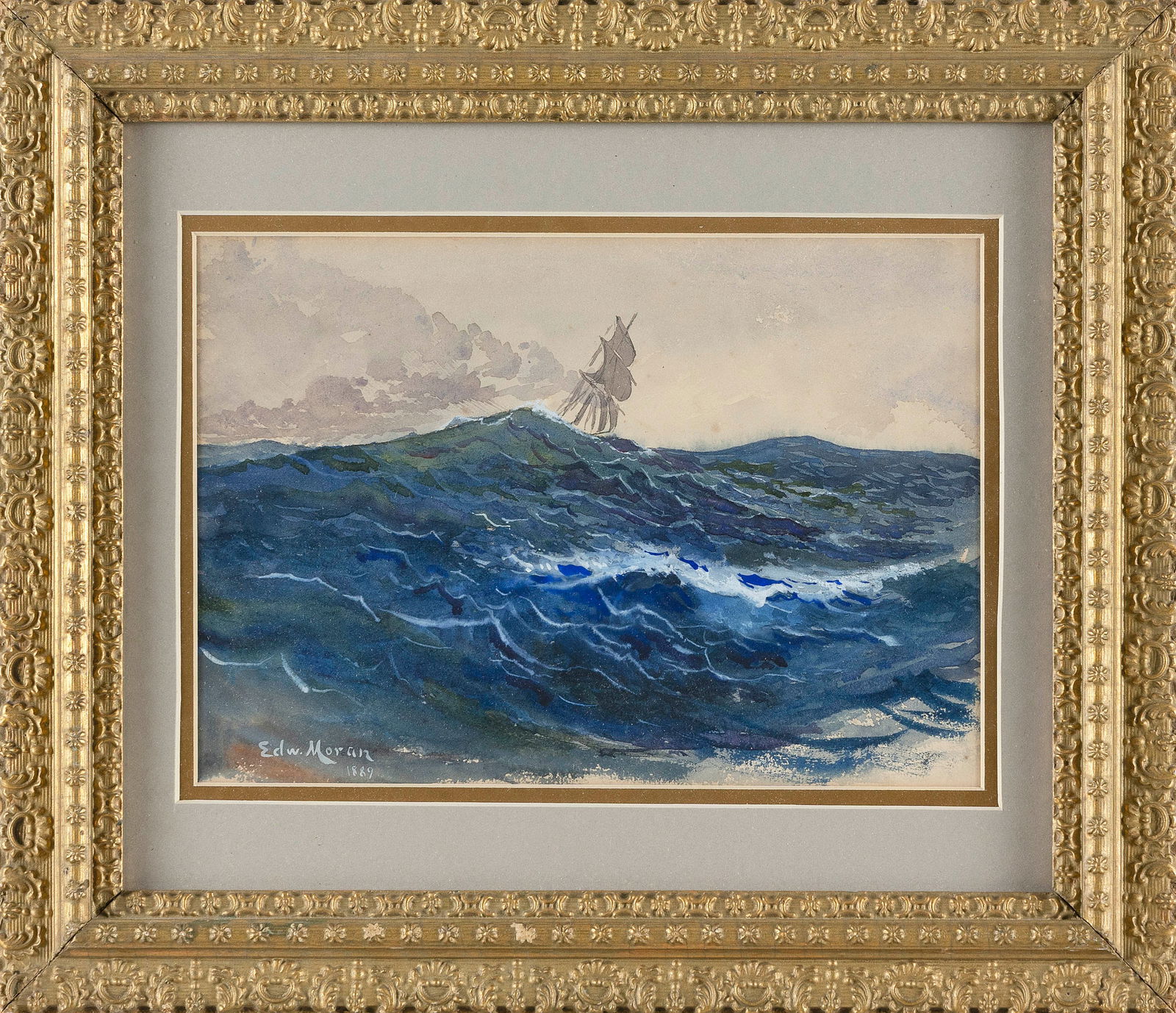 EDWARD MORAN (Pennsylvania/New York, 1829-1901), Ship on the crest of a wave., Watercolor on paper, (1 of 2)
